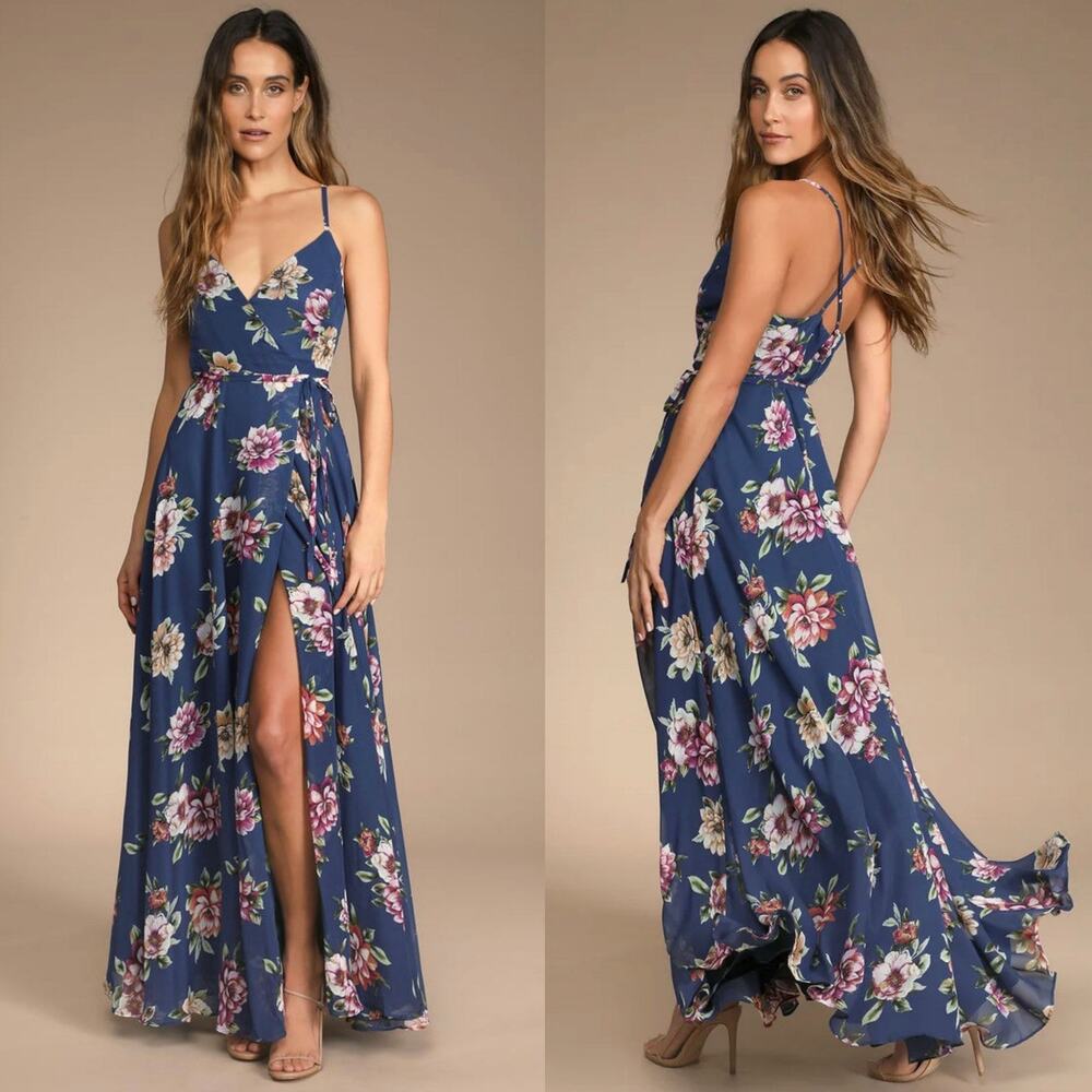 Lulu's Always There For Me Navy Blue Floral Print Wrap Maxi Dress Large
